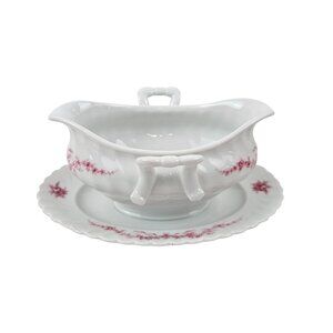 Kaiser W Germany Carolin Porcelain Gravy Boat Attached Underplate Pink Floral